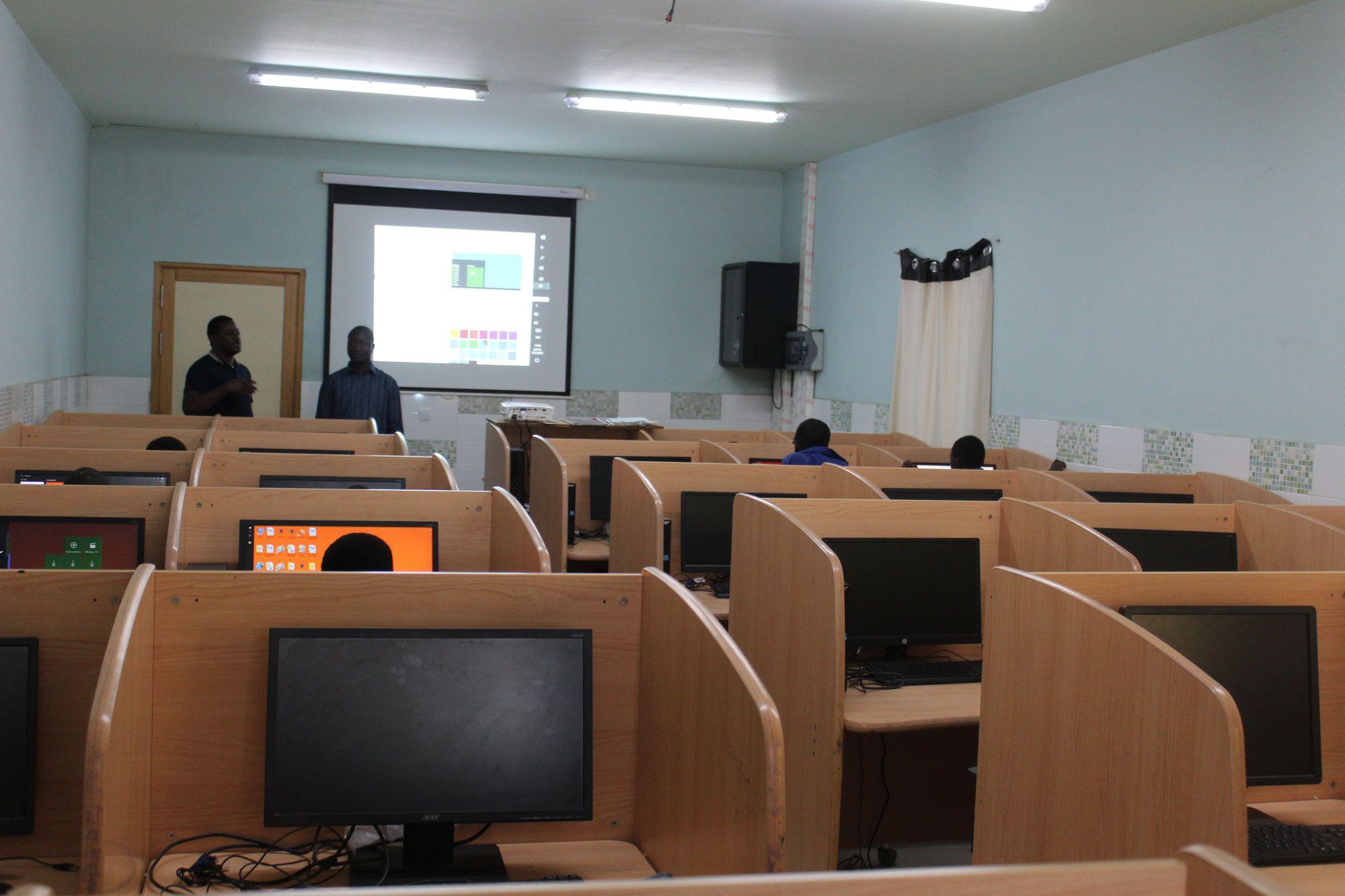 A classroom with computers