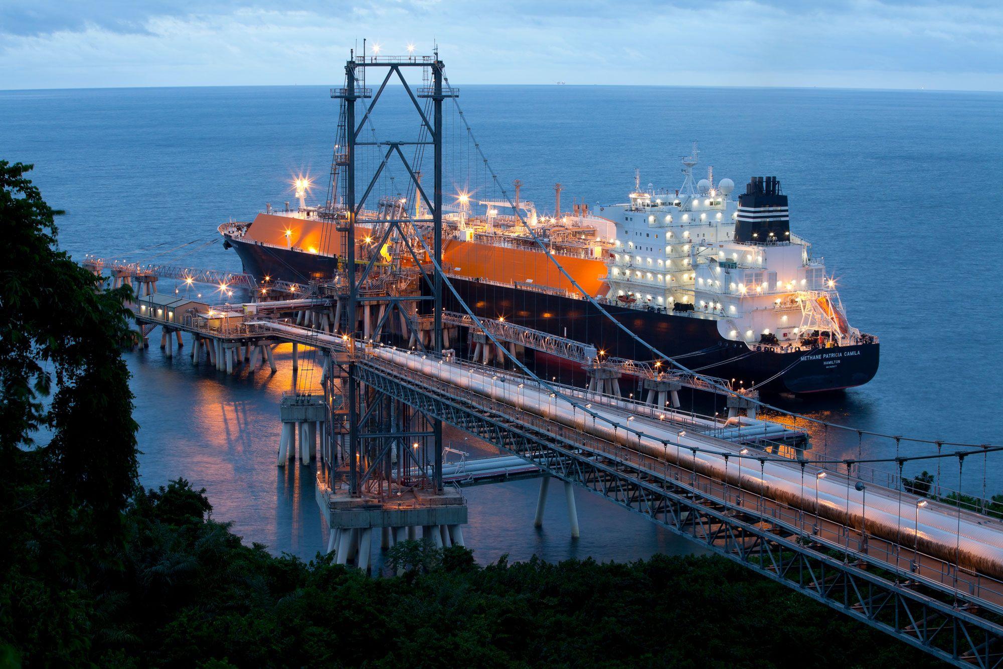 A large ship at the EG LNG facility